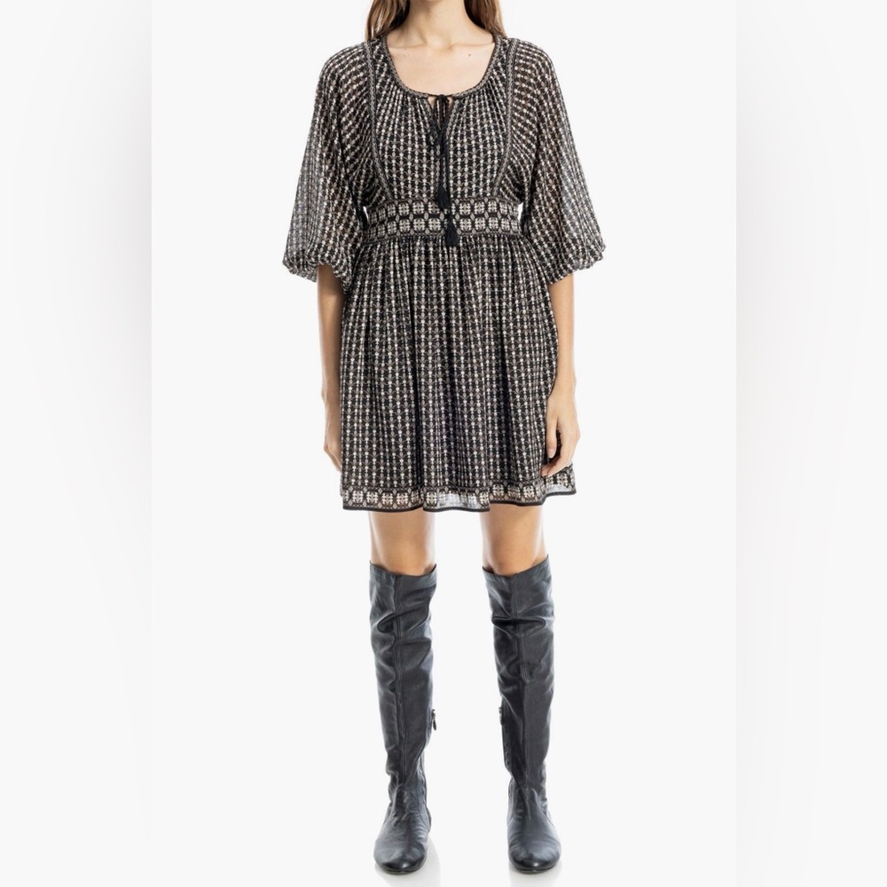 Max Studio Puff Minidress Black Patterned Short Sleeve Boho Dress NWT Large